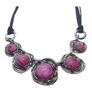 Pink Necklace Glass Bead Wavy Silver Black Rope Necklace